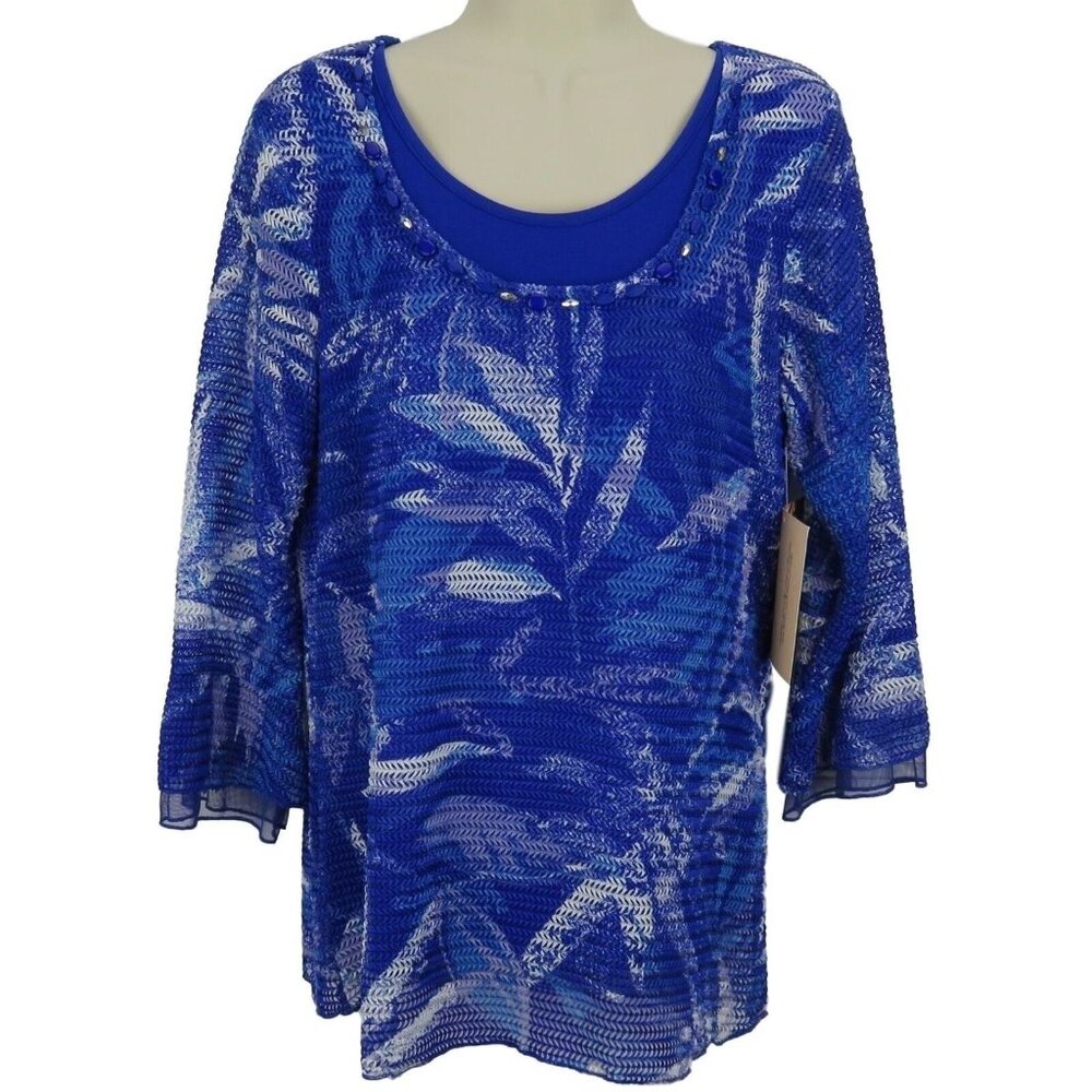 Multiples Top Womens Size Small Blue Beaded Scoop Neck 3/4 Sleeve Layered Mesh
